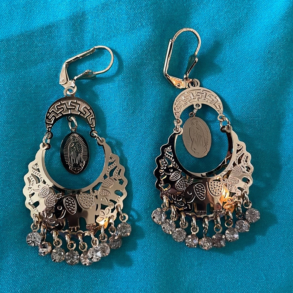 New Gold plated Virgen De Guadalupe Earrings with dangling diamonds